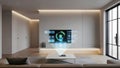 Futuristic Smart Home Control Panel Projected in Minimalist Living Room Royalty Free Stock Photo