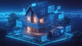 A futuristic smart home with glowing blue interfaces hovering around it, suggesting automation and connectivity Royalty Free Stock Photo
