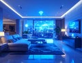 Futuristic Smart Home Living Room with IoT Technology and Connected City Network Royalty Free Stock Photo