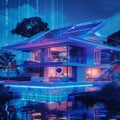 A futuristic smart home powered by solar panels at dusk, with vibrant blue and purple lighting, reflecting on a serene Royalty Free Stock Photo