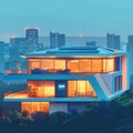 A futuristic smart home powered by solar panels at dusk, with vibrant blue and purple lighting, reflecting on a serene Royalty Free Stock Photo