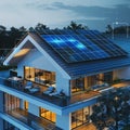 A futuristic smart home powered by solar panels at dusk, with vibrant blue and purple lighting, reflecting on a serene Royalty Free Stock Photo