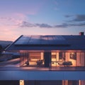 A futuristic smart home powered by solar panels at dusk, with vibrant blue and purple lighting, reflecting on a serene Royalty Free Stock Photo