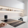 Modern Smart Kitchen with Induction Cooktop, Voice Assistant, and Minimalist White Interior Design Royalty Free Stock Photo