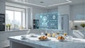 Futuristic smart kitchen with holographic interface and modern white interior design Royalty Free Stock Photo