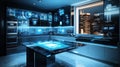 Futuristic Smart Kitchen with Holographic Interface at Night Royalty Free Stock Photo