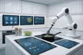 Futuristic smart kitchen with robotic arm cooking a healthy meal in a high-tech environment with interactive touch screens and Royalty Free Stock Photo