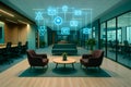 Futuristic Smart Office Interior Featuring Holographic Network Icons Royalty Free Stock Photo
