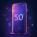 Futuristic smart phone interface with 5G connection - abstract neon illustration of wireless technology and digital data