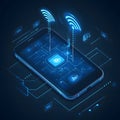 Futuristic smart phone interface with 5G connection - abstract neon illustration of wireless technology and digital data