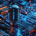 Futuristic smart speaker on a luminous circuit board, illustrating digital data flow and network connectivity. Royalty Free Stock Photo