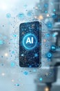 Futuristic smartphone with artificial intelligence interface and digital network elements Royalty Free Stock Photo