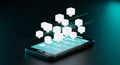 Futuristic smartphone display with floating white cubes forming a network connection on blue screen against dark green background Royalty Free Stock Photo