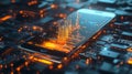 Futuristic smartphone displays glowing orange tech data amid complex circuit board landscape, creating high tech ambiance Royalty Free Stock Photo