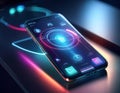 A futuristic smartphone displays a glowing security interface, highlighting a secure home