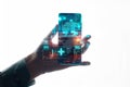 Futuristic smartphone floating above a hand with digital overlays and interfaces