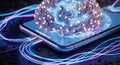 Futuristic smartphone with glowing neural network emerging from screen and digital data streams Royalty Free Stock Photo