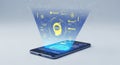 Futuristic smartphone hologram displaying data and technology interface above device Royalty Free Stock Photo