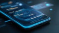 Futuristic smartphone interface, digital dashboard, mobile app ui, cyber technology, neon blue light, data visualization screen, Royalty Free Stock Photo