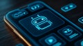 Futuristic smartphone interface glowing blue robot icon artificial intelligence app digital assistant concept mobile technology Royalty Free Stock Photo