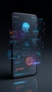 Futuristic smartphone interface hologram, artificial intelligence data visualization, digital dashboard ui, neon blue orange glow Royalty Free Stock Photo