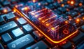 Futuristic smartphone on a keyboard with glowing digital checklist, confirming task completion, highlighting technology Royalty Free Stock Photo