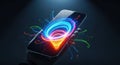 Futuristic smartphone with vibrant glowing energy vortex emanating from the screen Royalty Free Stock Photo
