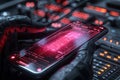 Futuristic smartphone visualizing data flow and quantum cryptography with neon bright elements