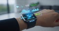Futuristic smartwatch displaying holographic health data and graphs Royalty Free Stock Photo