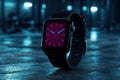 Futuristic smartwatch with glowing display in dark urban setting