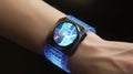AI generated, Futuristic smartwatch with a transparent, illuminated blue strap, featuring a circular display showing a digital ma Royalty Free Stock Photo
