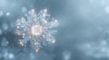Futuristic snowflake made of glowing electronic circuits with central microchip on soft blue bokeh background Royalty Free Stock Photo