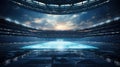 Futuristic soccer stadium. Empty water playground and tribunes Illustration. Fisheye filter. Wide angle. AI Generative. concept of