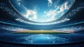 Futuristic soccer stadium with watery reflection of metal. Empty playground and tribunes Illustration. Fish eye filter. Wide angle