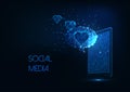 Futuristic social media concept with glowing low polygonal smartphone, message and hearts.