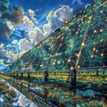 Advanced Solar Panels: Vibrant Circuit Patterns and Dramatic Sky in Renewable Art, generative ai Royalty Free Stock Photo