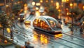 futuristic solar powered carriage on elevated track at sunset
