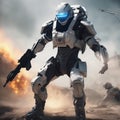A futuristic soldier in a high-tech exosuit, dramatic battlefield lighting, ultra-realistic Royalty Free Stock Photo