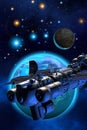 Cargo spaceship flying around an alien planetary system, 3d illustration