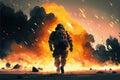 futuristic soldier running away from giant explosion, digital art style, cartoonish Royalty Free Stock Photo