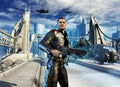 Futuristic soldier in a spaceport, in the background buildings and spaceships Flying over the city, 3d illustration Royalty Free Stock Photo