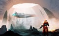 A futuristic soldier standing in the cave and looking to spaceship, against lava and ma