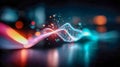 Futuristic sound wave visualization with glowing particles and smooth light trails, abstract audio and data flow concept Royalty Free Stock Photo