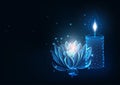 Futuristic spa, relaxation concept with glowing low polygonal lotus flower and burning candle