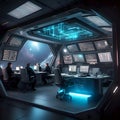 Futuristic Space Command Center with Holographic Interface and Celestial View Royalty Free Stock Photo