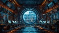 Futuristic space control room with large digital globe - generative ai