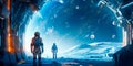 Futuristic space exploration scene with astronauts and futuristic spacecraft, embodying humanity& x27;s quest for