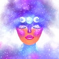 Futuristic space multicolor illustration. An abstract girl with closed eyes in the cosmic imagination, in the universe, in the Royalty Free Stock Photo