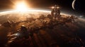 Futuristic space photography, wide shot, above planet Mars, The sun is rising behind