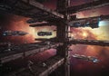 A futuristic space scene featuring a large, intricate space station with multiple Royalty Free Stock Photo